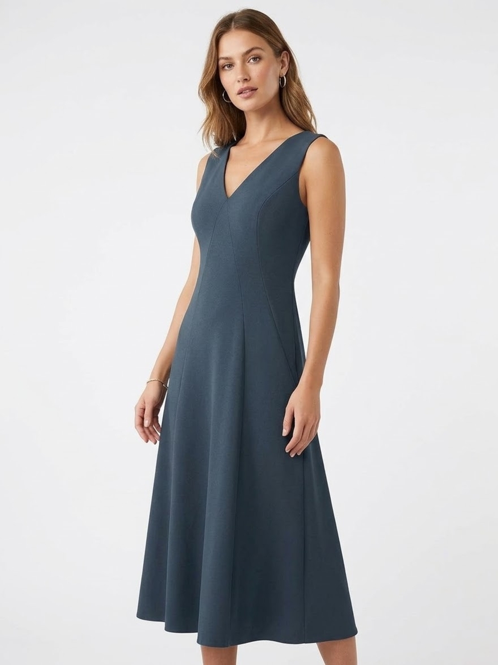 Lafayette 148 New York Slate Blue V-Neck Sleeveless Midi Dress